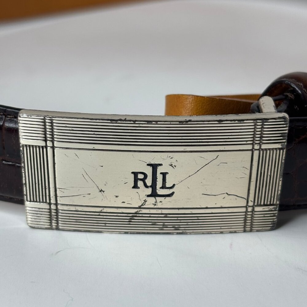 Ralph Lauren Brown Leather Belt Size S Textured Silver-tone Buckle RL Initials - Picture 2 of 13